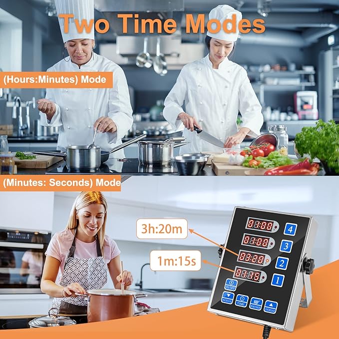 Precision Kitchen Timers for Cooking – 4 Channel Commercial Kitchen Timer Restaurant Kitchen Supplies – Stainless Steel Digital LED Chef Cooking Timer – Reminder Function, Loud Alarm, Black