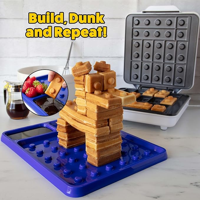 Building Brick Electric Waffle Maker- BLACK with 2 Construction Eating Plates- Cook Fun Shaped Waffles Pancakes like Houses, Cars & More- Stack & Build Creations on Serving Dishes, Morning Activity