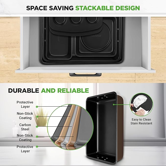 NutriChef 8-Piece Nonstick Stackable Bakeware Set – Non Toxic Carbon Steel Baking Trays W/Cookies Sheet Muffin, Loaf, Cake, Round & Square Pan – Easy To clean & Easy to Release, Oven Safe – Brown