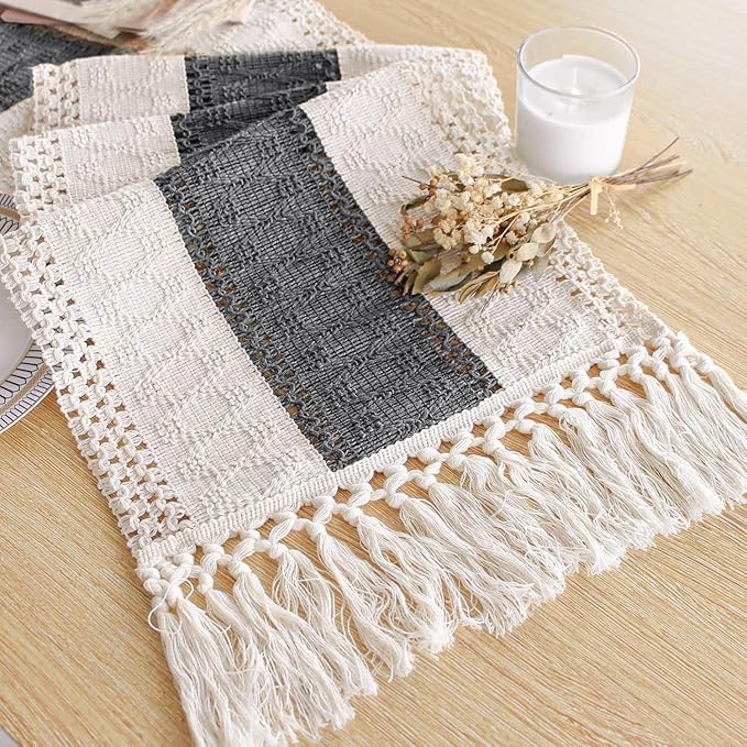 FEXIA Boho Table Runner for Home Decor with Tassels 36 Inches Long,Grey Farmhouse Rustic Table Runner Macrame Burlap Table Decoration for Living Room Bridal Shower(12x36 Inches)