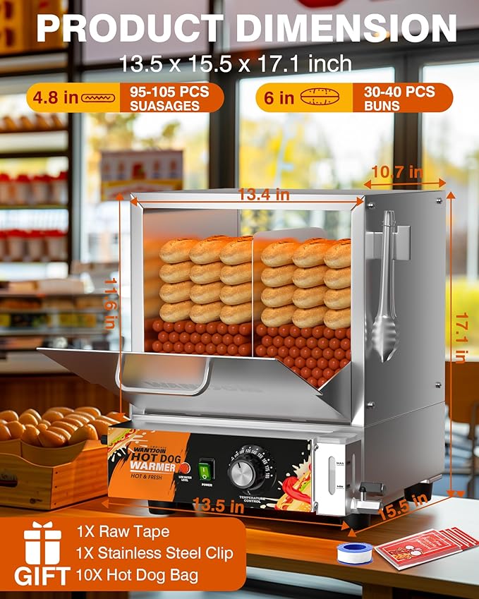 WantJoin Hot Dog Steamer Machine - 28.8QT Commercial Electric Stainless Steel Hotdog Machine with Bun Warmer Tempered Glass Steamer Machine for 160-175 Sausages and 30-40 Buns