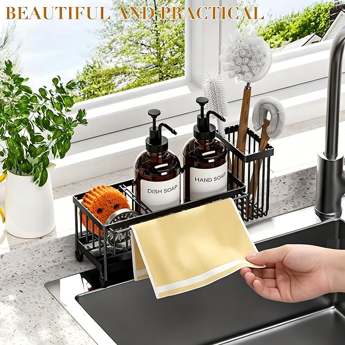 Kitchen Soap Dispenser Set with Sponge Holder and Towel Rack, 17OZ Glass Bottle, Hand and Dish Soap Dispenser Set, Non-Slip Silicone Pad, Brush Holder, Kitchen Sink Caddy Organizer Countertop (Amber)