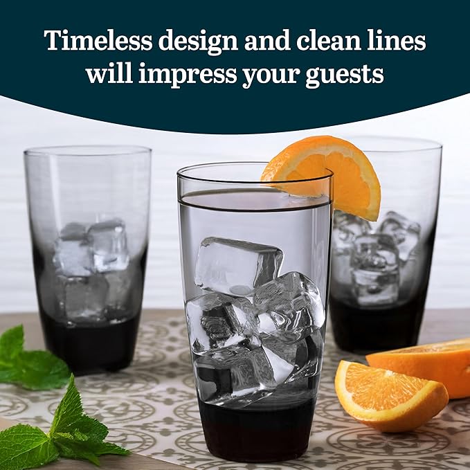 Libbey Classic Smoke Tumbler Glasses, Classy, Timeless Drinkware Set of 12, 18 Oz, Dishwasher Safe Drinking Cooler Glasses for Special Occasions