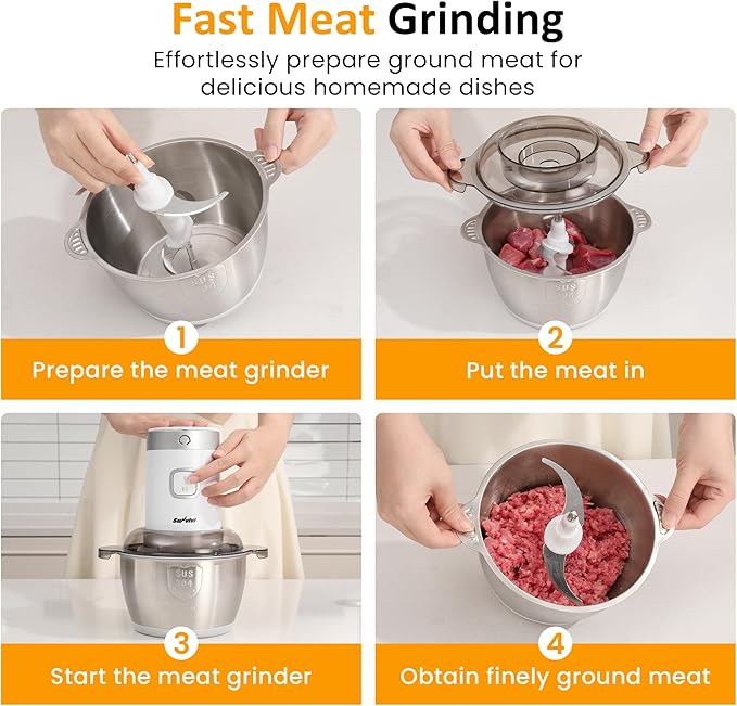 Sunvivi 4-IN-1 Food Processor: Electric Chopper for Meat Grinder, Vegetable Chopper, Juicer, Garlic Peeler & Coffee Grinder, 350W Portable Blender with 2 Speeds, Stainless Steel Bowl, 2 Cups, White