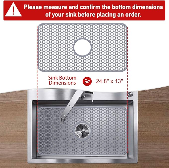 Bestjing Silicone Sink Mat - 24.8''x13'' Sink Protector for Kitchen Sink with Center Drain - Kitchen Grid Accessory, Non-slip Heat Resistant Mat for Bottom of Farmhouse Stainless Steel (Center Hole)
