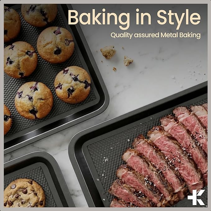 BAKKEN Kitchen Baking Pans - Nonstick Gray Coating, 13.58’’ × 9.65’’ Commercial Grade Carbon Steel Cookie Sheet, Diamond Texture Bottom, PFOA, PFOS, PTFE Free, Oven Safe Tray (450°F), Gray