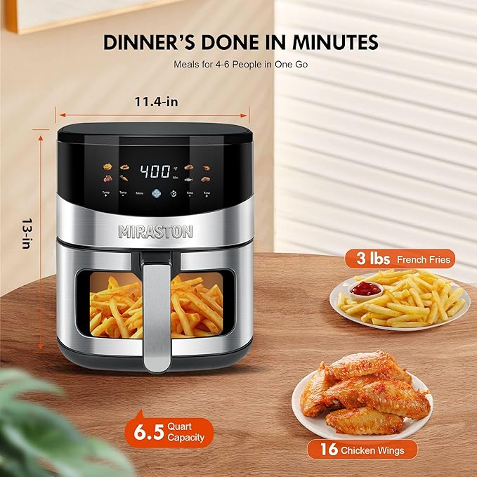 6.5QT Smart Digital Air Fryer, Visual Window, 8 Presets Recipes for Fast Easy Meal, Snack, Dessert, Main Dish, Square Basket Dishwasher-Safe, for 3-5 People, Kitchen Dorm Office