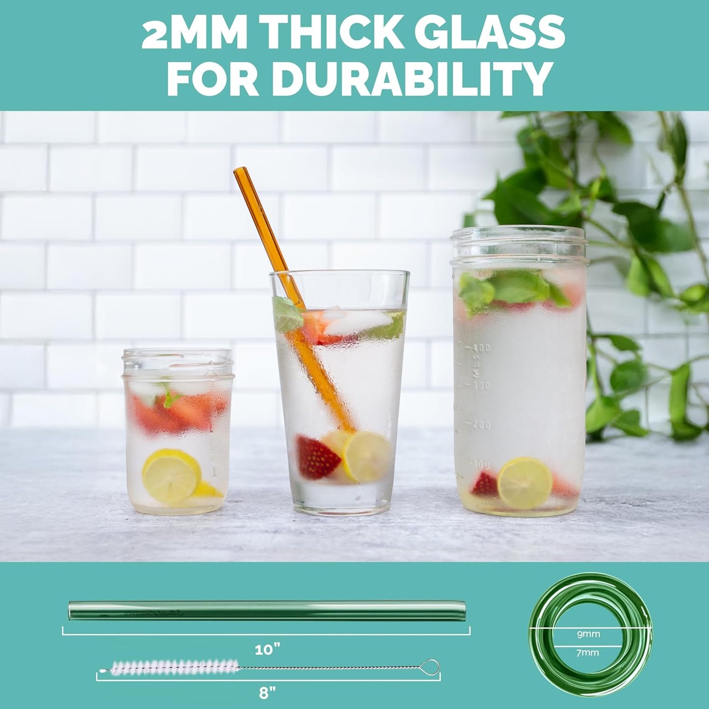 Simply Straws 10 Inch Glass Straws Straight (6-Pack) – Reusable Glass Straws for 24 Oz Mason Jars & Tumblers, with Cleaning Brush – Durable, Dishwasher Safe, Hot & Cold Use, BPA-Free (Meadow)