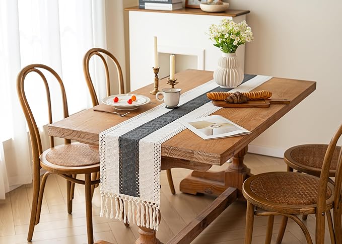 FEXIA Boho Table Runner for Home Decor with Tassels 36 Inches Long,Grey Farmhouse Rustic Table Runner Macrame Burlap Table Decoration for Living Room Bridal Shower(12x36 Inches)