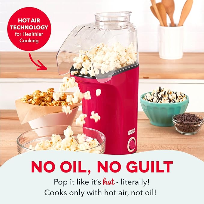 DASH Fresh Pop Popcorn Maker - Oil-Free, Air Popcorn Popper - With Measuring Cup & Recipe Guide - Perfect for Movie Nights - 16 Cups, Red