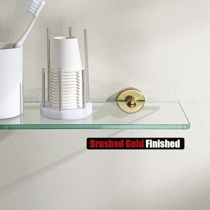 JQK Bathroom Glass Shelf Gold, Tempered Glass Shower Storage 16 by 5 inches, 304 Stainless Steel Brushed Gold Wall Mount, TGS101-BG