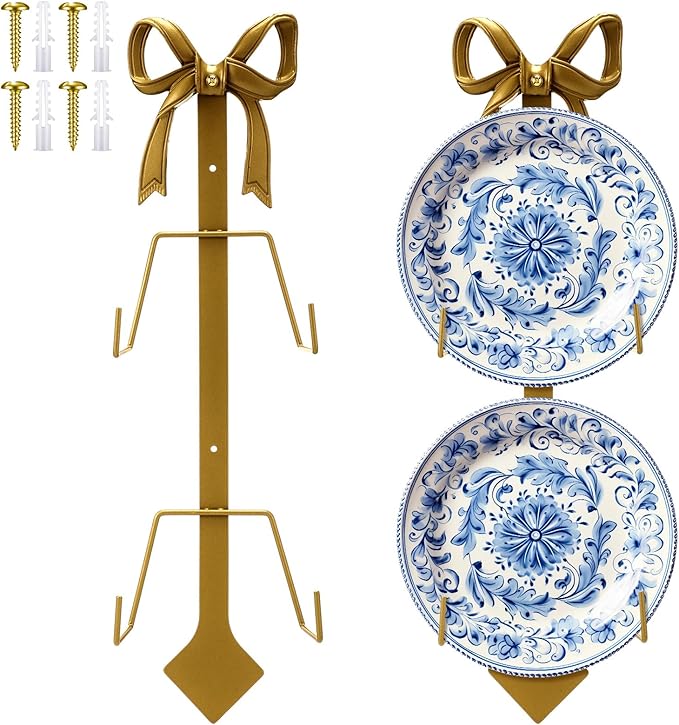 Zonon 1 Pack Gold Bow Plate Holder for Wall Bow Knot Iron Easel Display Rack Wall Mount Metal Plate Hanger Stand for Hanging Photo Frame Art Plaque for Cabinet Kitchen Counter Bar Cafe (18.5 x 7 Inch)