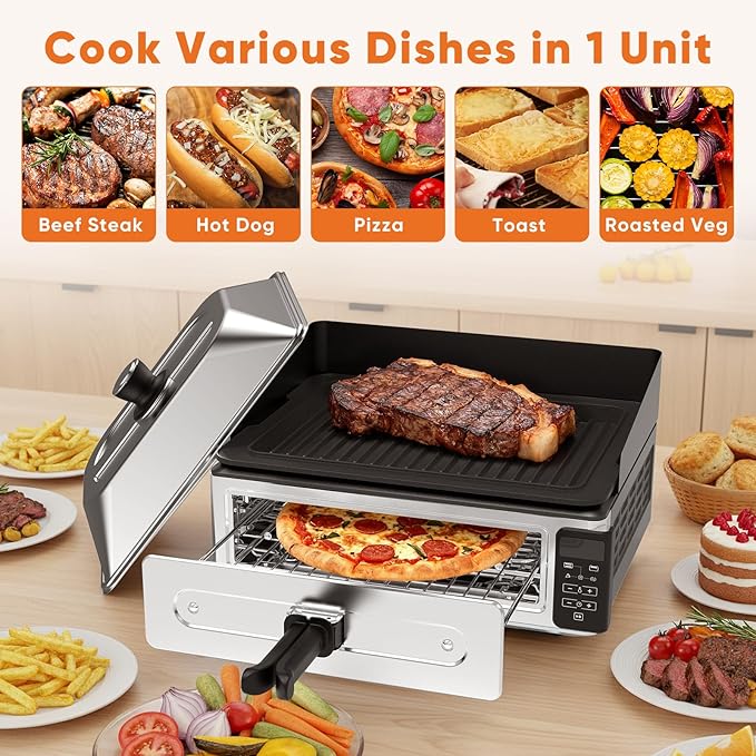 OLIXIS Electric Grill Indoor for Steak and Veggies, Smokeles Griddle with Lid for Kitchen Cooking, Countertop Oven Includes Temp Control/Grill Plate/Splash Guard/Crumb Tray, Silver