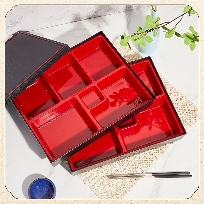 Teenyyou 2 Pcs 10.6 x 8.3 x 2.2 Inch Japanese Bento Box 6 Compartments Divided Lunch Box with Greaseproof Adult Japanese Bento Lunch Container Sushi Home Restaurant