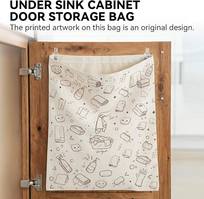Reusable Dirty Rag Storage Bag, Linen Dish Towel Bag with Plastic Liner for Under Sink Cabinet Door Organizer