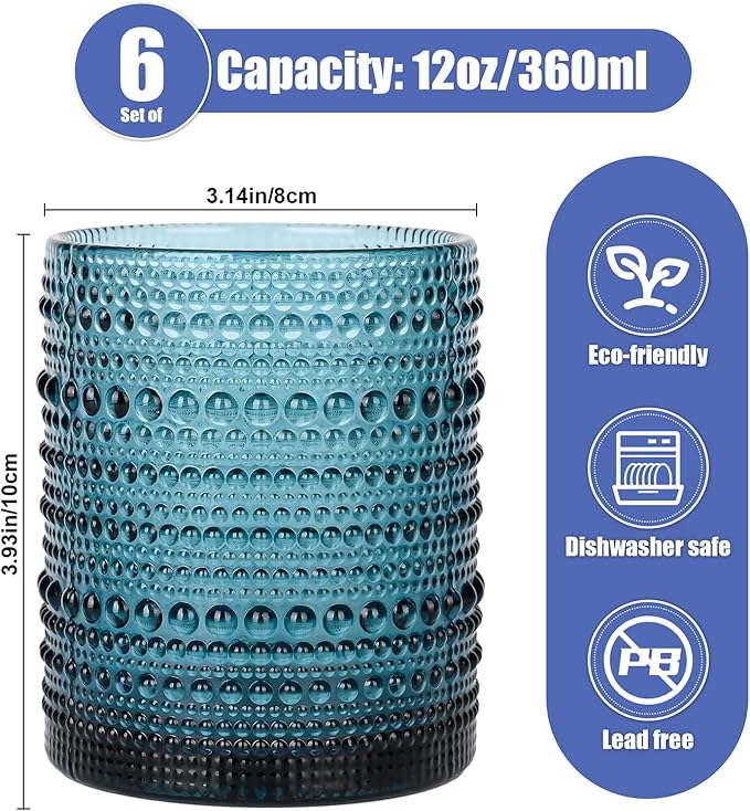 ZMOWIPDL Vintage Glassware Drinking Glasses Set of 6,12 oz Hobnail Glass Cups,Embossed Blue Water Tumbler,for Beer,Cocktail,Whiskey,Juice and Various Mixed Drinks- 1 Cleaning Brush