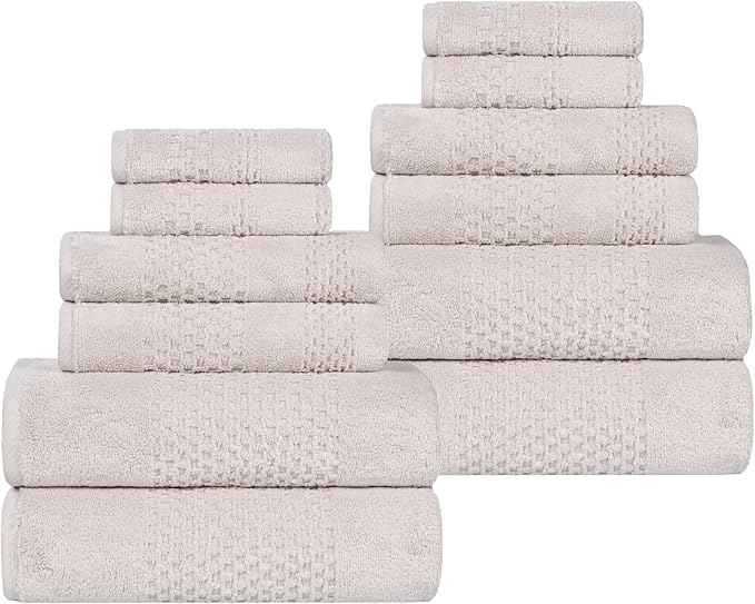 Superior Playa Zero Twist Cotton Medium Weight Towels, For Guest Bath, Bathroom, Shower, Spa, Plush, Quick Dry, Ultra-Soft Towels, Bath Essentials, Waffle Textured, 12 Piece Assorted Towel Set, Silver