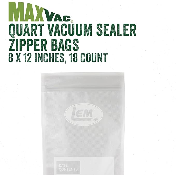 LEM Products Quart Zipper Top Vacuum Sealer Bags, 8 x 12 Inches, Compatible with Most Major Vacuum Sealer Brands, 18 Count