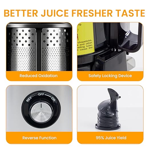 HealSmart Cold Press Juicer, Slow Masticating Juicer Machines with Wide Feed Chute, Fits Whole Fruits and Vegetables, High Juice Yield, BPA Free, Easy to Clean, Silver