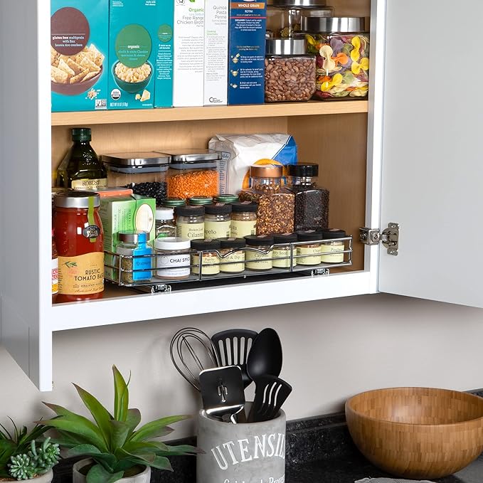 Pull-Out Cabinet Spice Rack Organizer - Slim Slide-Out Storage for Spices, Bottles & Jars, Premium Heavy-Duty Steel, Easy Install for Narrow Kitchen Cabinets - 18 ⅜ W x 10 ½ D x 2 ¾ H, Chrome