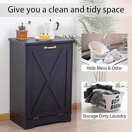 13 Gallons Tilt Out Trash Cabinet, Hidden Trash Can Cabinet Wooden Tilt Out Pet Proof Hidden Trash Bin Cabinet for Kitchen (Black)