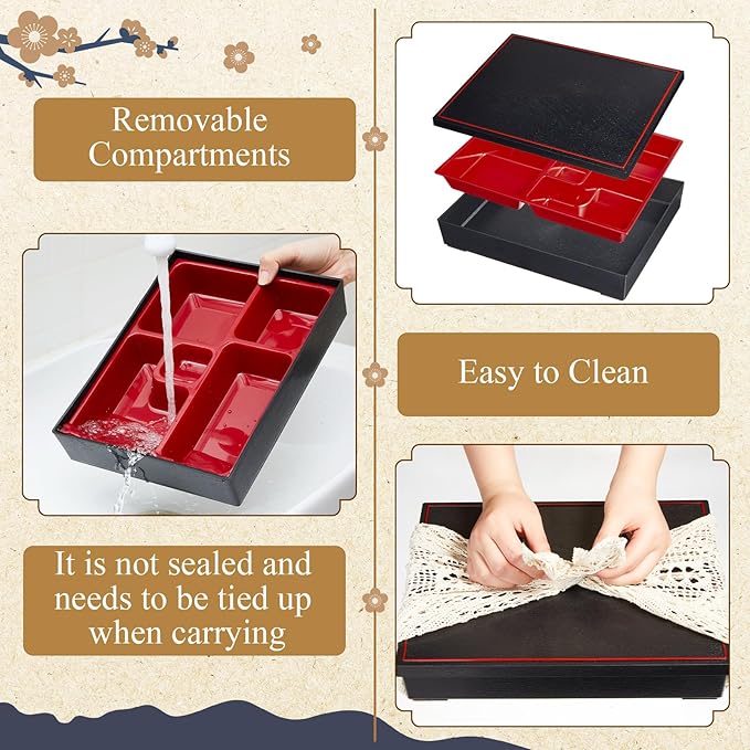 Teenyyou 2 Pcs 10.6 x 8.3 x 2.2 Inch Japanese Bento Box 5 Compartments Divided Lunch Box with Greaseproof Adult Japanese Bento Lunch Container Sushi Home Restaurant