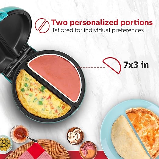 Holstein Housewares Stainless Steel 2 Section Omelet & Frittata Maker, Non Stick Coating, Easy To Clean, Indicator Lights, Compact Storage, Prepare Versatile Recipes in Minutes. 2 Portions, Teal