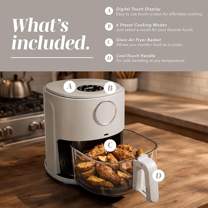 COOK WITH COLOR Colorful 1200W 4Qt Air Fryer: Glass Basket, Dishwasher Safe, 60min Timer, 6 Presets, Temp Control 175F-400F, 4 QT, Greige
