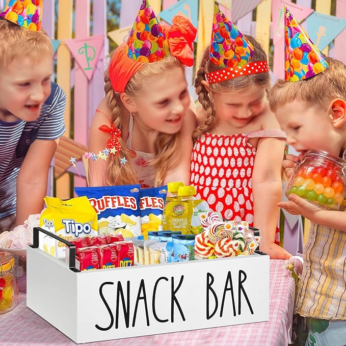 Snack Organizer for Countertop, Wood Pantry Storage Bins with Handles, Snack Bar Organizer for Pantry Shelf, Kitchen, 4 Compartment Food Container Snack Box, Pantry Organizer for Snacks, Chips