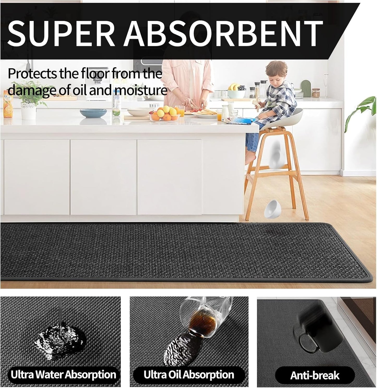 Kitchen mats for Floor Water and Oil Absorbent Runner Rugs for Kitchen, Kitchen Mat in Front of Sink,Non-Slip Kitchen Rugs,Durable Imitation Linen Kitchen Rug Black 17x30+17x47