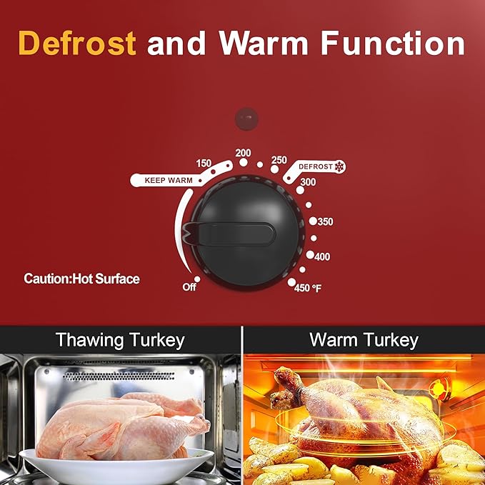 18 Quart Roaster Oven with Self-Basting Lid, Electric Turkey Roaster Oven with Defrost & Warm Function, Adjustable Temperature, Removable Pan & Rack, Stainless Steel, Red