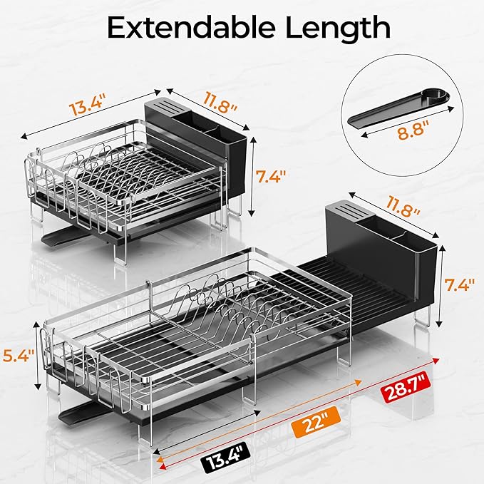 Delamu Stainless Steel Dish Drying Rack, Expandable Dish Drainer, Anti-Rust Large Dish Racks for Kitchen Counter, Dish Strainers with Drainboard, Utensil Holder & Cup Holder, 13.4"-28.7" L x 11.8" W