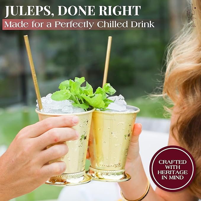 Gusto Nostro Mint Julep Cups Set of 2 - Stainless Steel Julep Cup Kit with Straws, Muddler, Spoon, Recipes, Vases - Southern-style Cocktail Glasses for Home Bar - Stainless Steel Cocktail Cups (Gold)