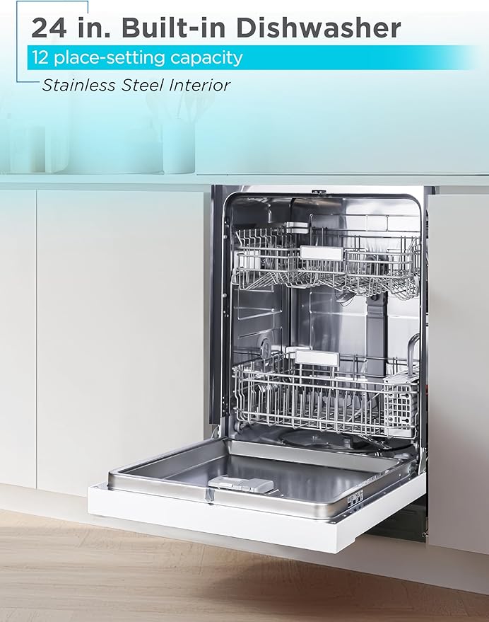 BLACK+DECKER 24" Built-In Dishwasher, 12-Place Setting Capacity with Stainless Steel Tub, Dish Washer with 5 Wash Programs and Smart Wash Cycle, ENERGY STAR Certified, BDW100MW, White