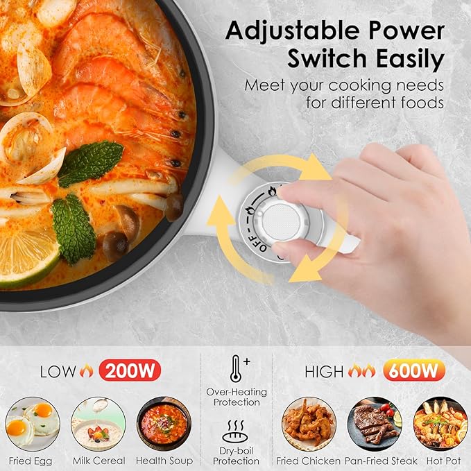 Audecook Hot Pot Electric, 1.7L Mini Electric Skillet Portable Nonstick Sauté Pan with Power Adjustment, Ramen Cooker Travel Multicooker for Steak/Soup/Egg/Oatmeal/Noodles