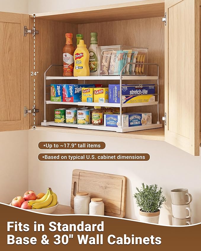 EVERIE Extendable 3-Tier Kitchen Cabinet & Pantry Organizer for Plastic Wrap, Foil & Storage Bags, Adjustable Heavy Duty Shelf Rack for Wrap Boxes, Jars & Snack Boxes (11–16.7 in Wide), Pack of 1