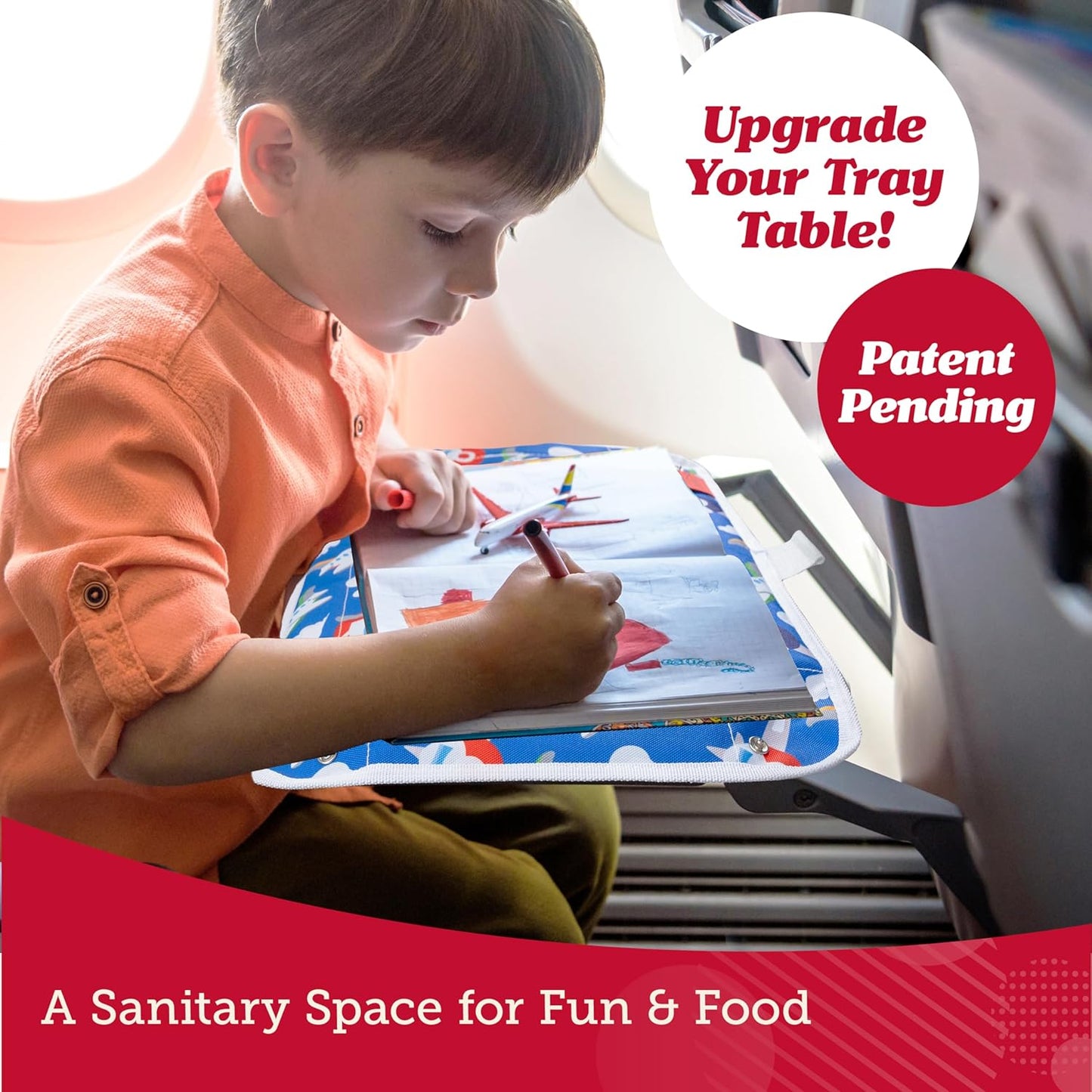 Lusso Gear Airplane Tray Table Cover with Pockets for Toddlers & Kids - Airplanes Pattern - Foldable & Rollable Lap Desk with Carabiner Clip - Toddler Travel Essentials & Plane Activities