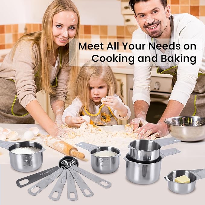 7x Stainless Steel Measuring Cups with 6x Measure Spoons Set,4x Py&Rex Plastic liquid Measurings Cups for Liquids,Kitchen Gadgets for Cooking & Baking Utensils Christmas Gift (17Pcs)