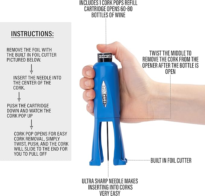 Cork Pops Legacy Wine Opener Built-in 4-Blade Foil Cutter Safe Cork Removal, Effortless Push Button Use, Needle Guard for Safety, Low-Pressure Cartridge Opens Up To 60 (Blue, With 3 Cartridges)