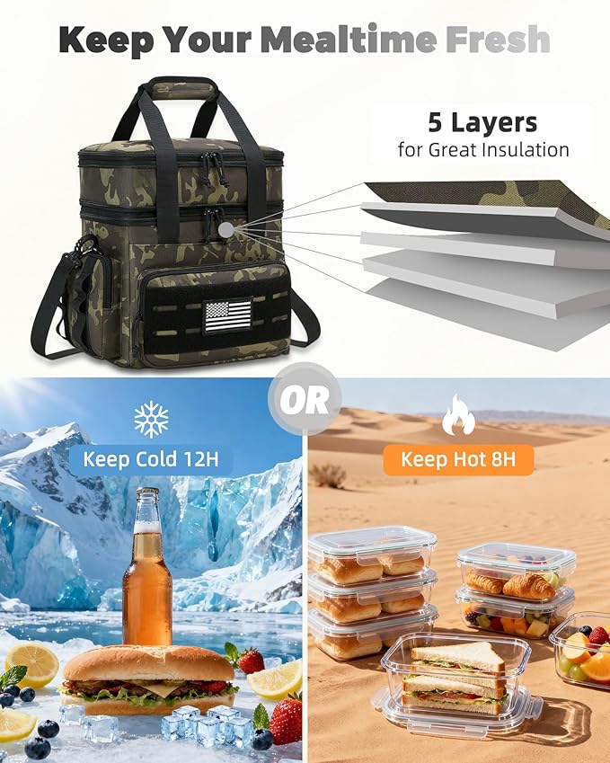 holuxer Tactical Lunch Bag & Lunch Box for Men - Large Double Deck Expandable Insulated Soft Adult Lunchbox for Work - Cooler Bag for Beach, Picnic, Camping,Outdoor，Travel (Camo,16L)