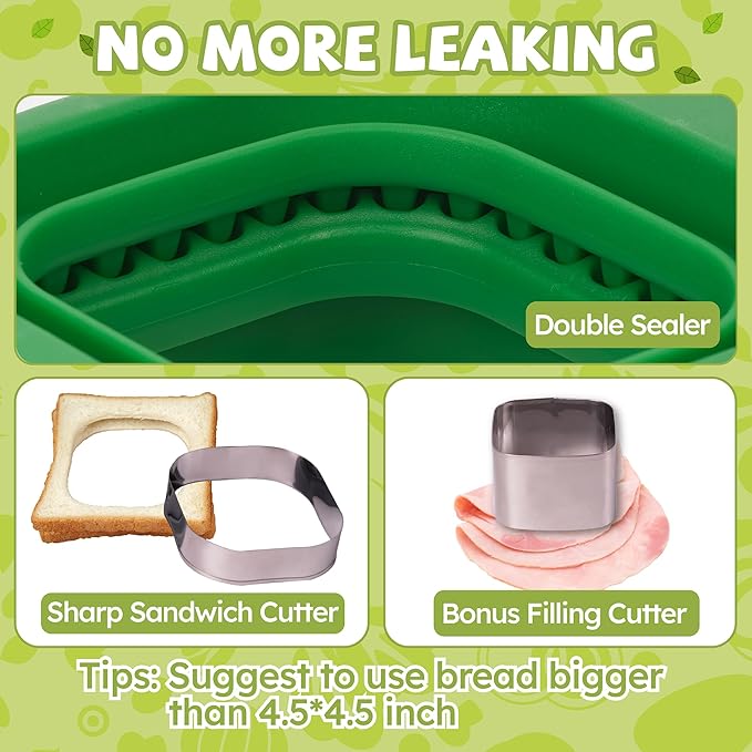 LEPCY Uncrustables Sandwich Maker Sealer Cutter, Crustless Sandwich Cutter, PB&J Uncrustable Maker - Color Green, Square Shape