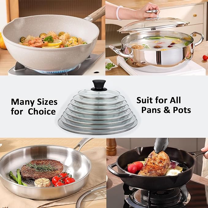 Glass Lids, Replacement Tempered Clear Glass Lids with Steam Vent，Covers For pots, pans and skillets，Available in Small and Large 8, 9.5, 10.25, 11, 12, and 12.5 Inch