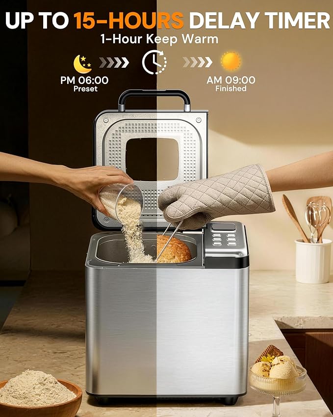 OSIPOTO Bread Maker, 2LB Stainless Steel Bread Machine, 17-in-1 Automatic Settings, Non-Stick Pan, Beginner-Friendly Controls, Easy to Clean, Low Noise, High Success Rate for Homemade Bread