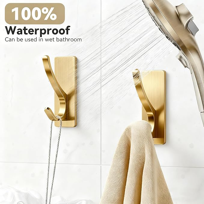 pickpiff Brushed Gold Self Adhesive Coat Hooks for Hanging: 13LB Extra Strong Stainless Wall Hook for Towel, Utensil, Backpack, Hat, Sturdy Metal Hanger for Bathroom, Kitchen, Door, 4-Pack
