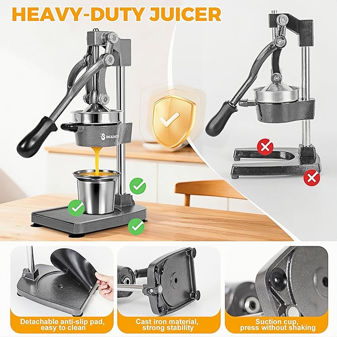 Cast Iron Juicer, Manual Citrus Press, Heavy Duty Hand Press Fruit Squeezer with Stable Base & Maximum Juice Yield for Orange Lemon Lime Pomegranate, Silver