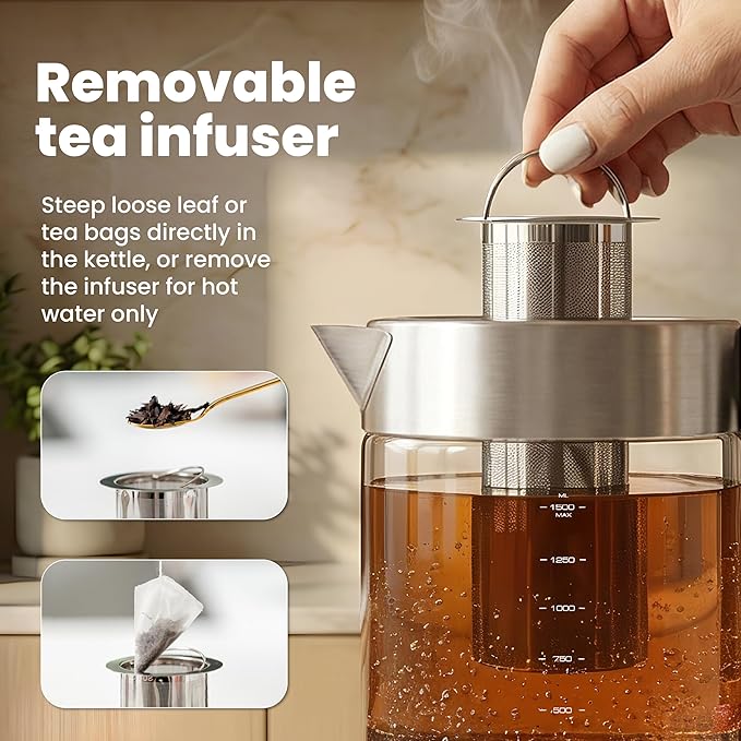 Vianté Electric Tea Kettle With Infuser for Loose Leaf, No Plastic In Contact With Water, Hot Tea Maker with Temperature Control, Automatic Shut Off, 1.5L Borosilicate Glass