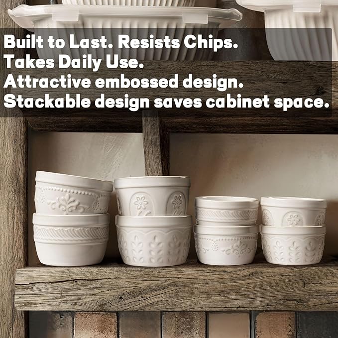Artena Ramekins Oven Safe, Creme Brulee Ramekins, Embossed White Ceramic Ramiken, Souffle Pudding Custard Cups, Baking Dish, Dipping Bowls, Sauce Cups, Set Of 4 (Multiple Patterns, 4 oz)