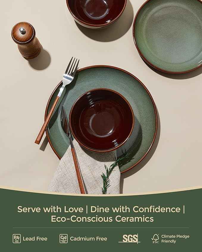 36 Piece Stoneware Dinnerware Sets, Ceramic Plates and Bowls Set, Microwave & Dishwasher Safe Kitchen Dish Set, Modern Dinner Salad Plates | Cereal Bowls for 12, Dishware Sets Sage Green