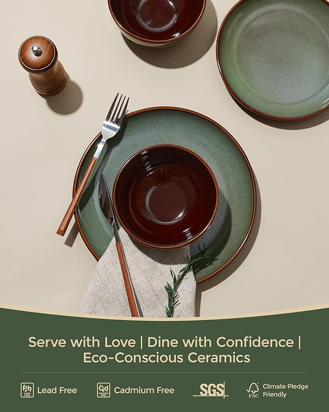 Pokini 16 Piece Double Bowl Dinnerware Sets with Pasta Bowls, Highly Chip and Crack Resistant Plates and Bowls Sets, Natural Earthyware Ceramic Dishware Sets, Service for 4 Sage Green