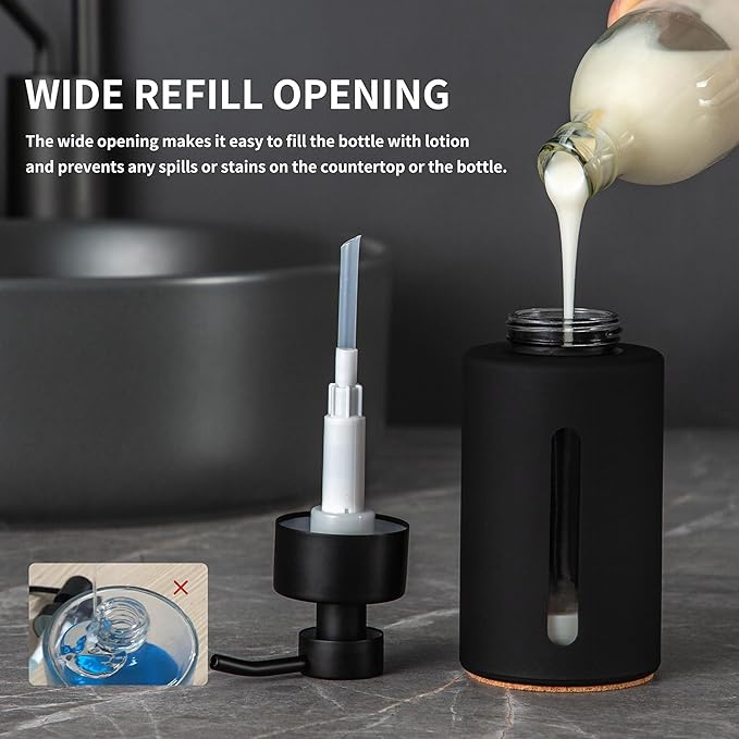 Enra Thick Glass Foaming Soap Dispenser with Clear Window,12oz Black Bathroom Soap Dispenser with Stainless Steel Pump, Modern Boho Refillable Pump Bottle for Bathroom Kitchen (Foam-Black)